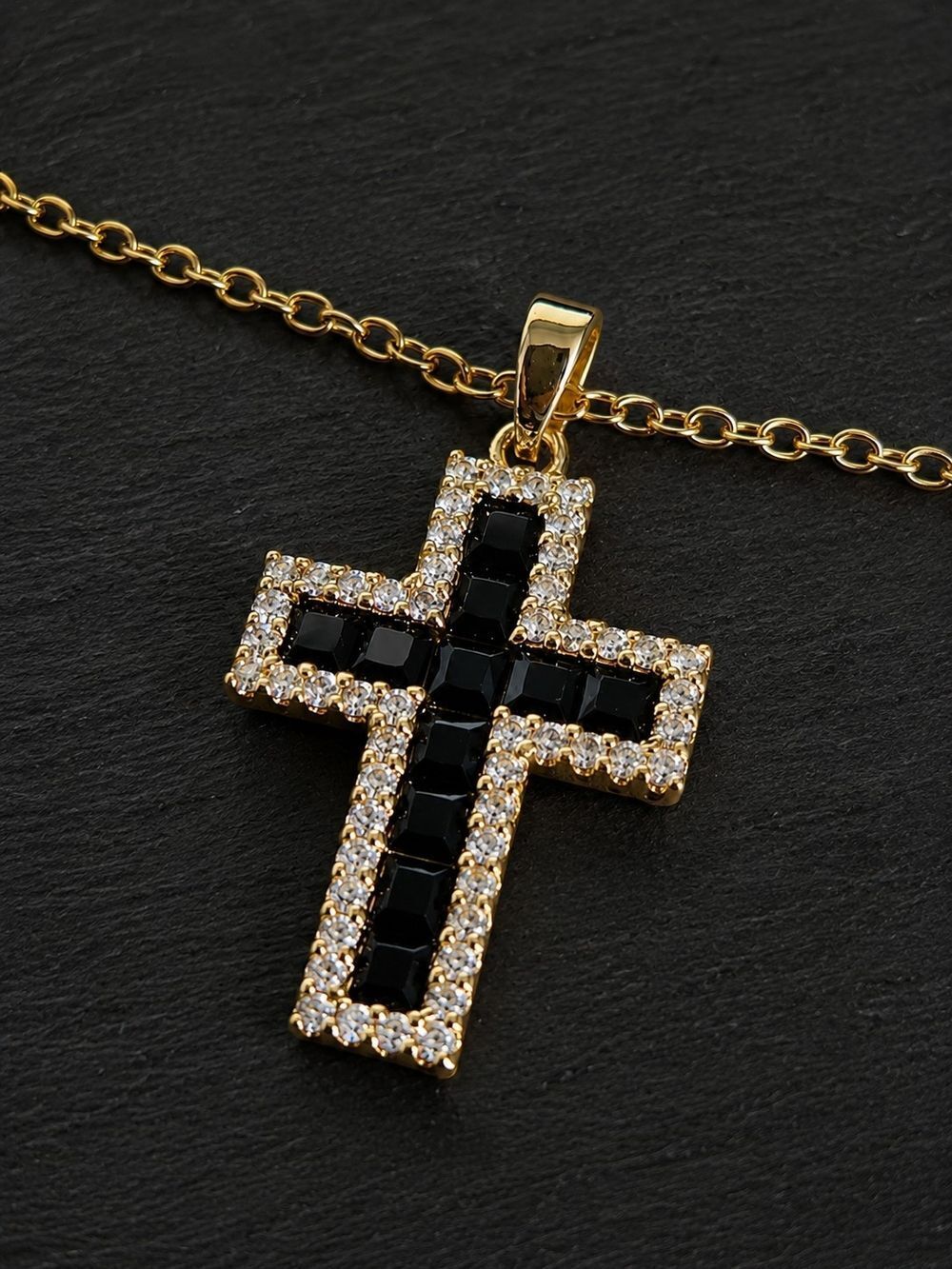 Gold Black Center Stone Stainless Steel Cross Necklace